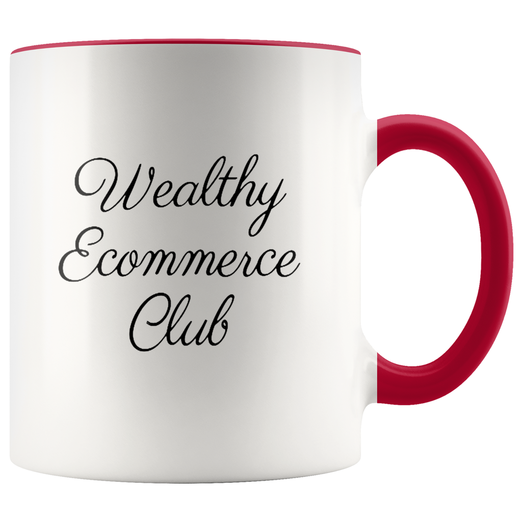 Wealthy Ecommerce Club logo on a white 11 ounce ceramic mug with red trim and handle