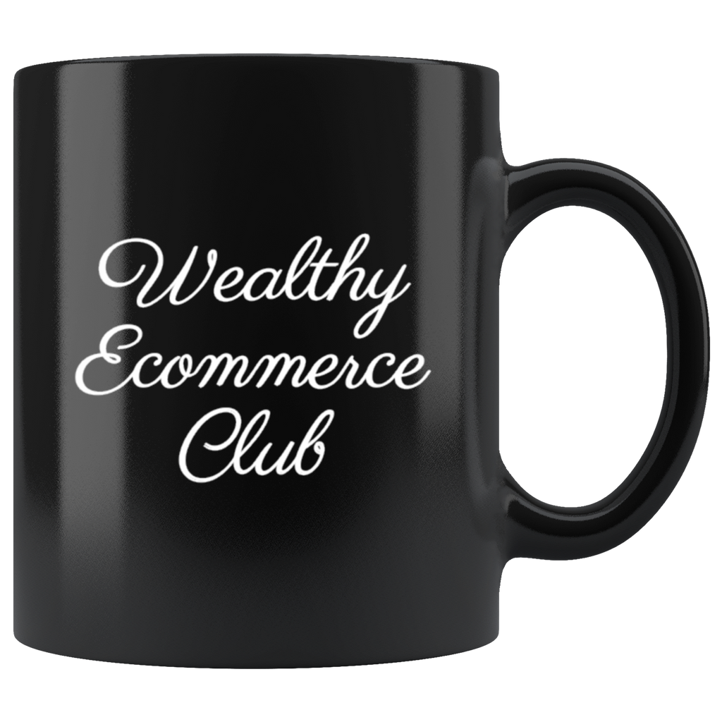 Wealthy Ecommerce Club logo on a black 11 ounce ceramic mug